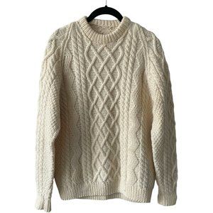 Handmade Knit Pullover Sweater Fisherman Crew Neck Long Sleeve Cream Medium